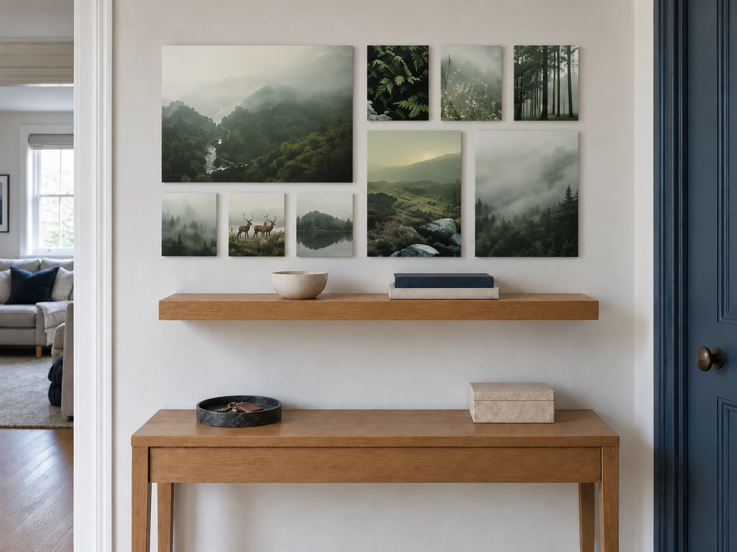 Frameless nature photographs above an oak shelf and hallway console