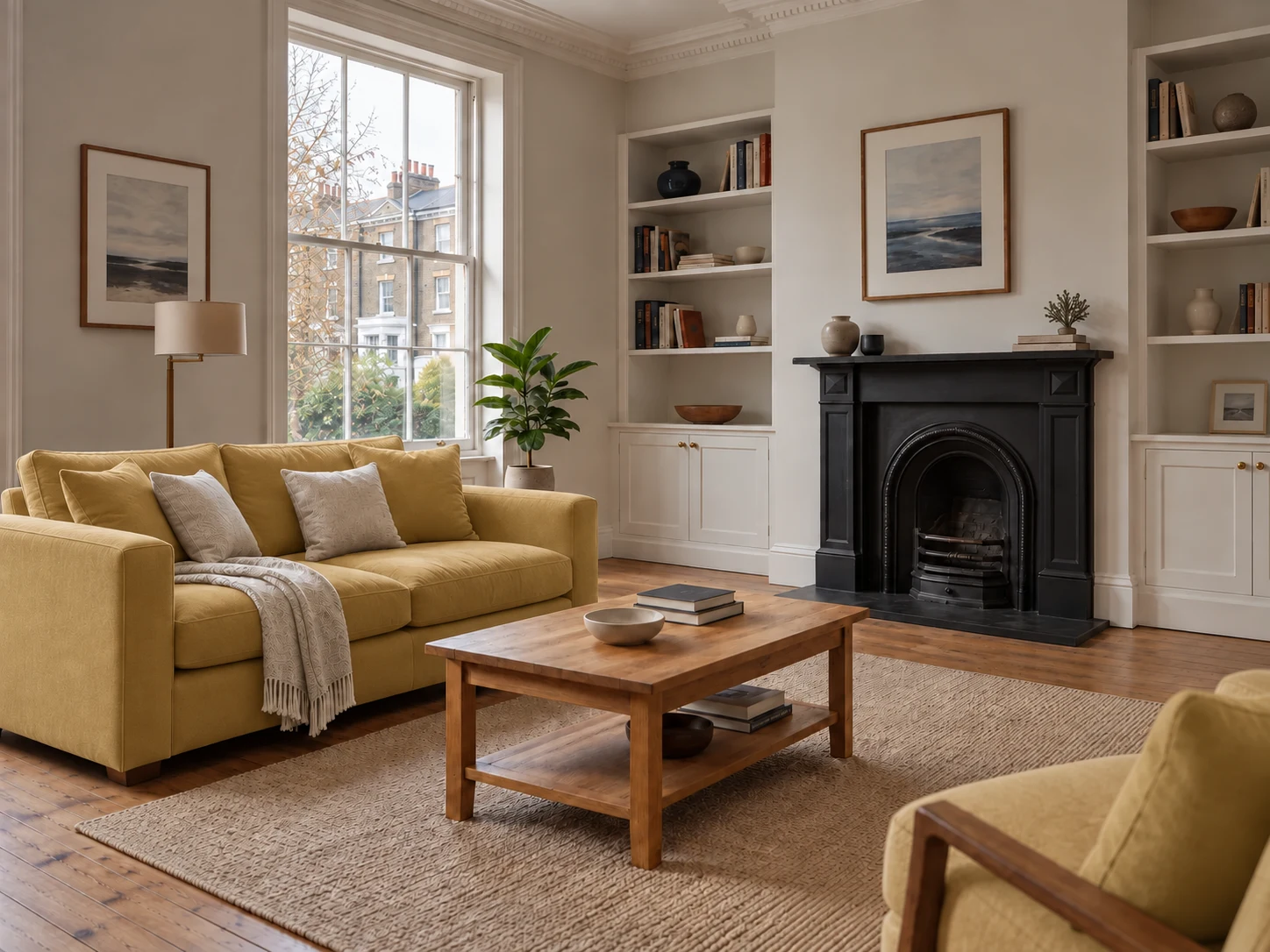 Living room with a light mustard sofa, oak coffee table and fireplace