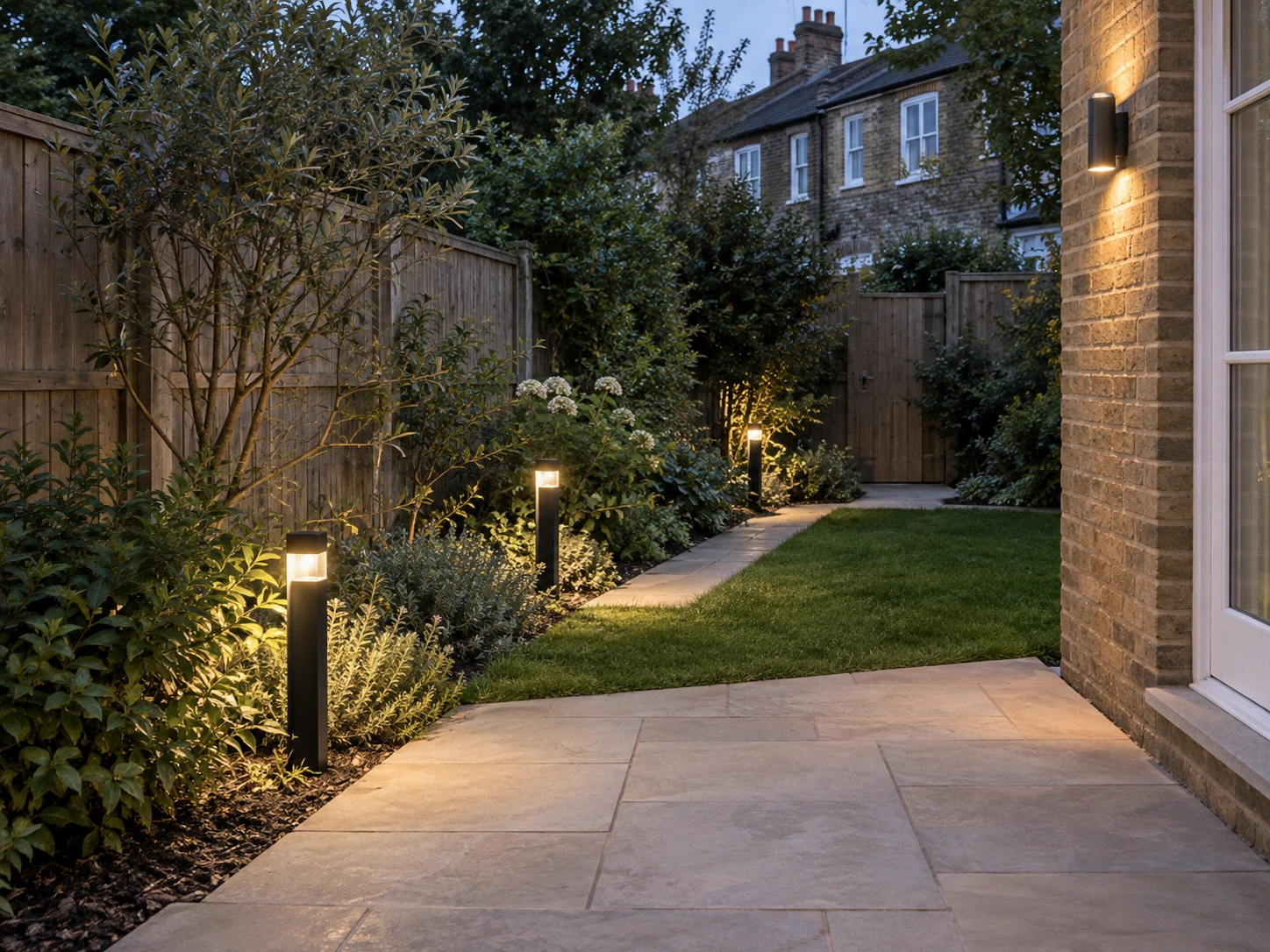Warm path lights and a wall light illuminating a terraced-house garden at dusk