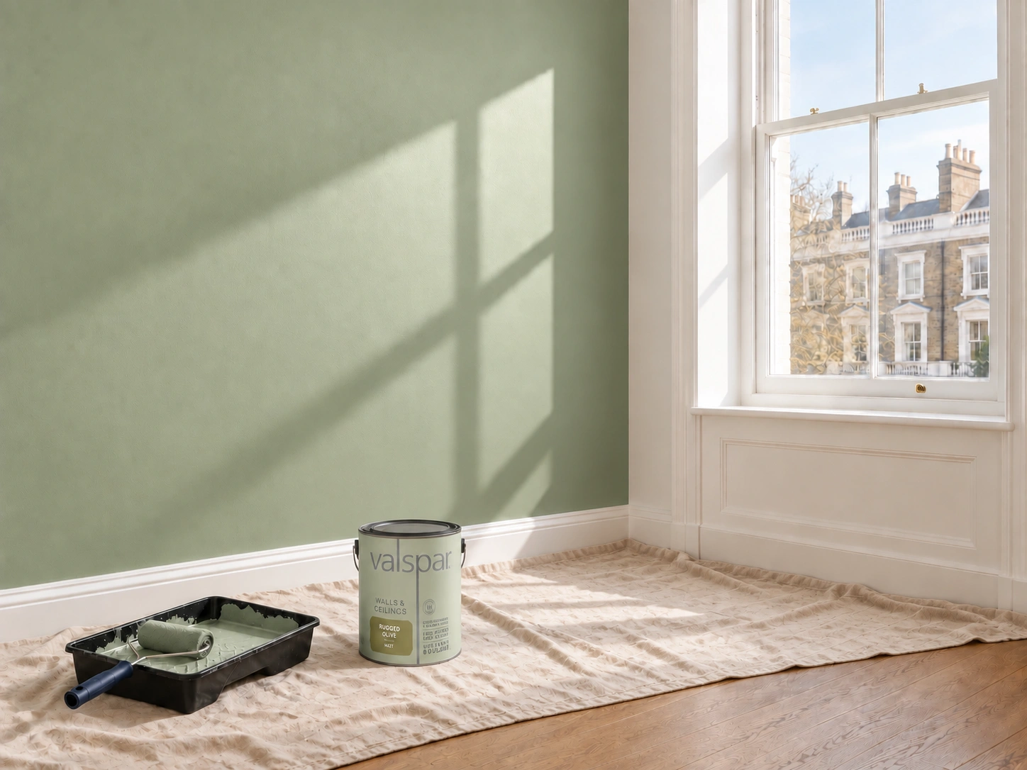 Light green wall with a metal Valspar can and paint tray on a dust sheet beside the skirting