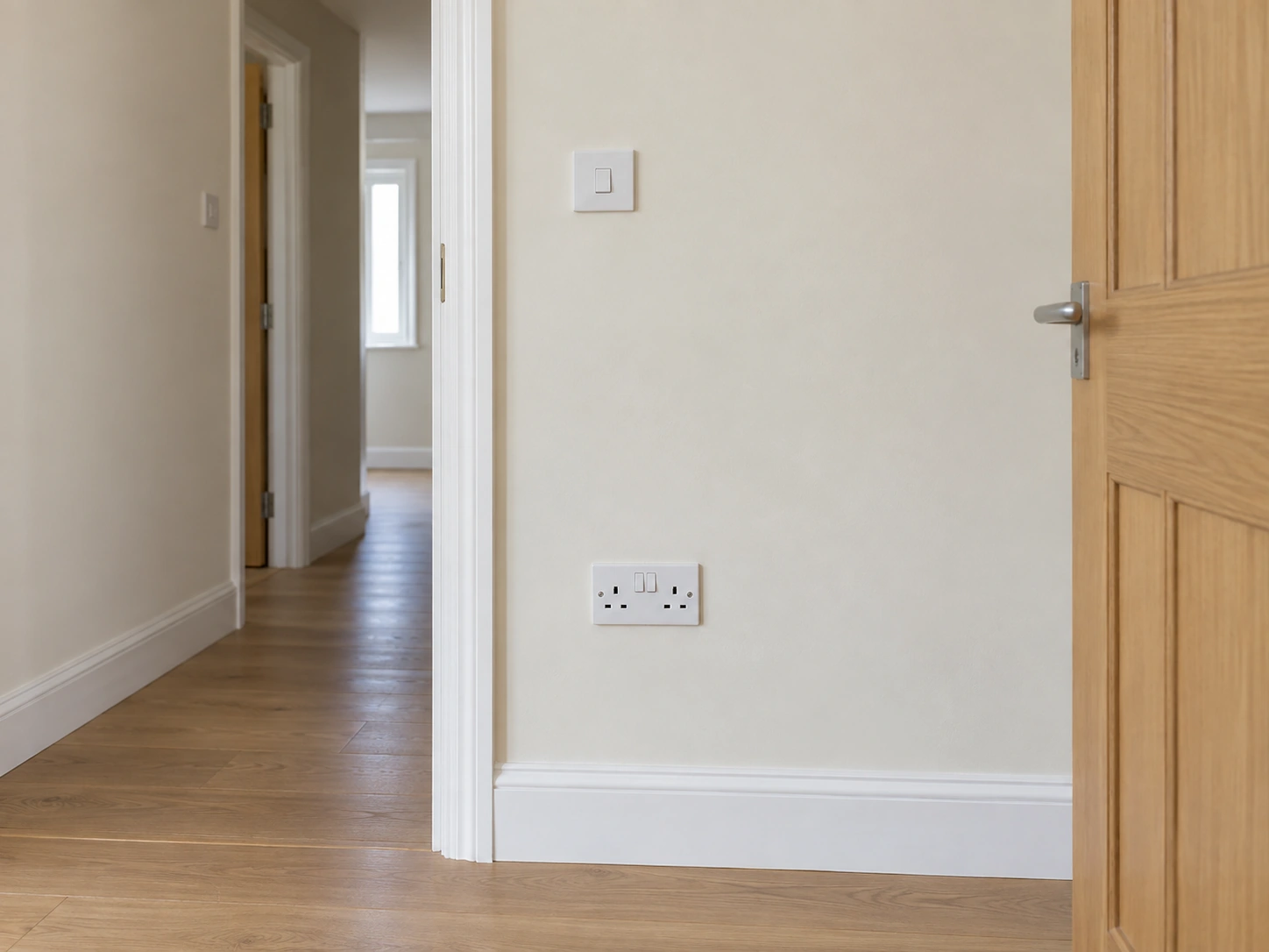 White UK double socket and light switch beside an oak interior door
