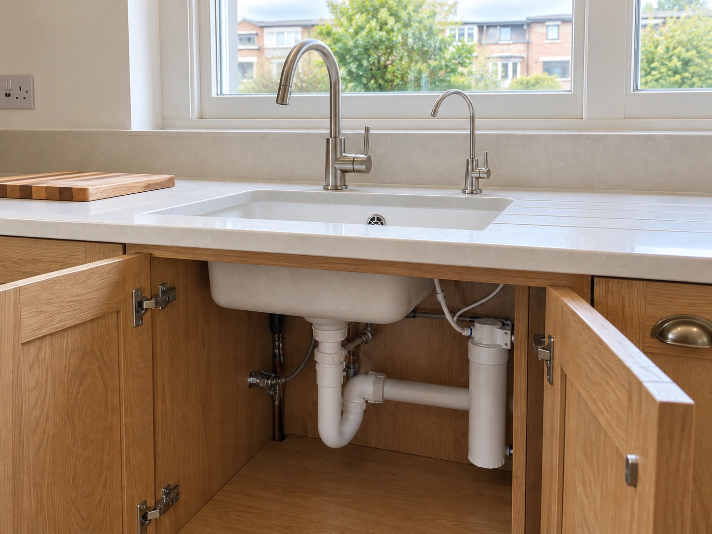 Kitchen mixer and drinking-water tap above an open oak cupboard with an under-sink filter