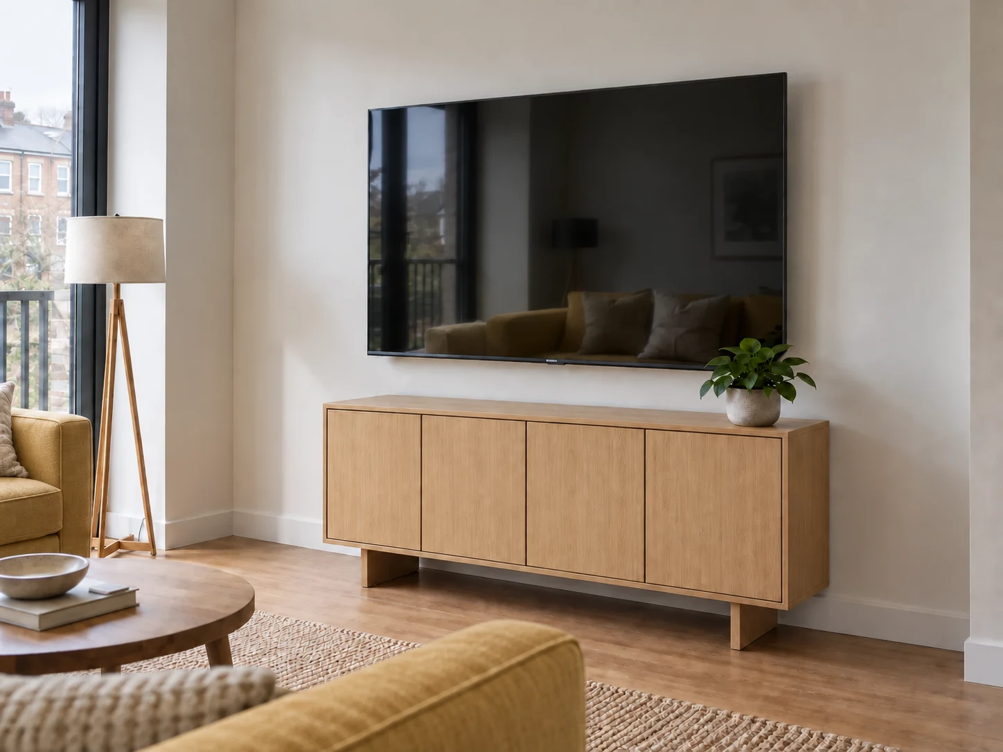 Wall-mounted television above an oak sideboard with light mustard seating